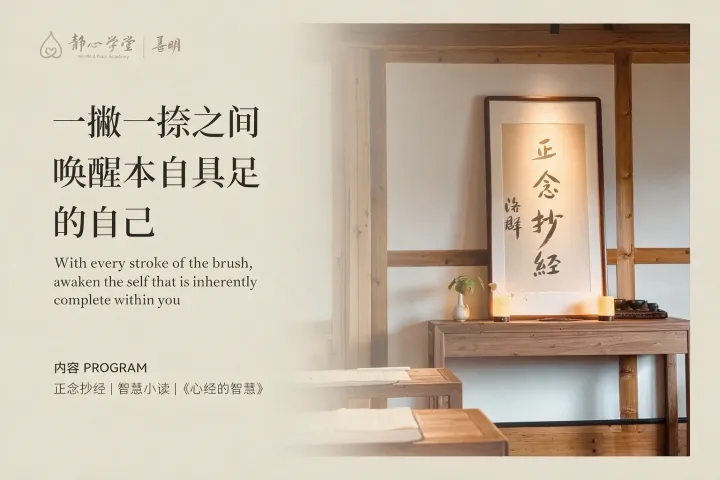 木制禅室内,书法作品挂在墙上,旁边放着花瓶和烛台,文字介绍笔画冥想课程