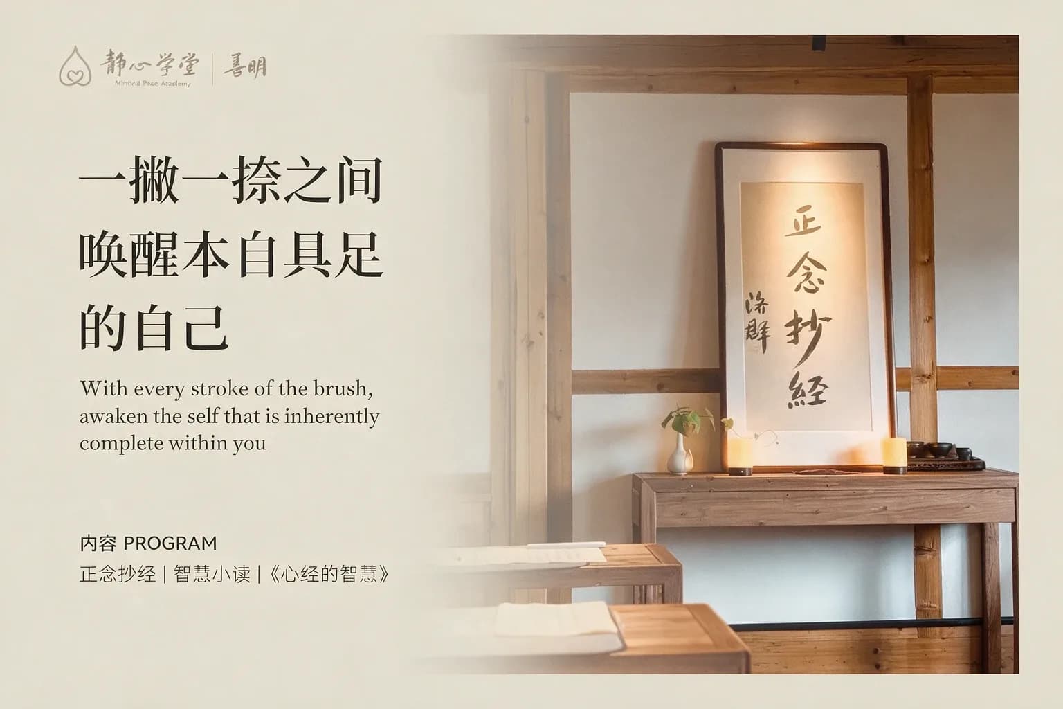 木制禅室内,书法作品挂在墙上,旁边放着花瓶和烛台,文字介绍笔画冥想课程