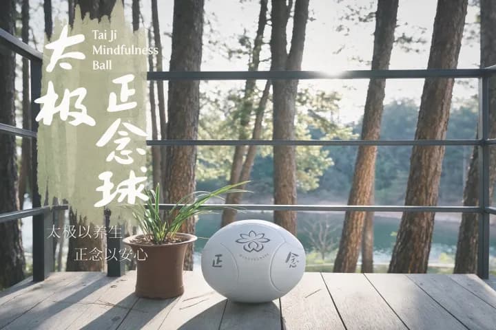 木质平台上放置正念球和盆栽植物,背景为树林