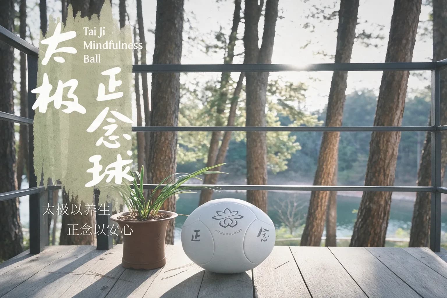 木质平台上放置正念球和盆栽植物,背景为树林