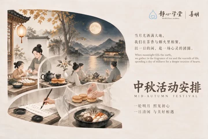 Mid-Autumn Festival event poster featuring tea ceremony, calligraphy, moonlit gathering, and traditional cultural activities