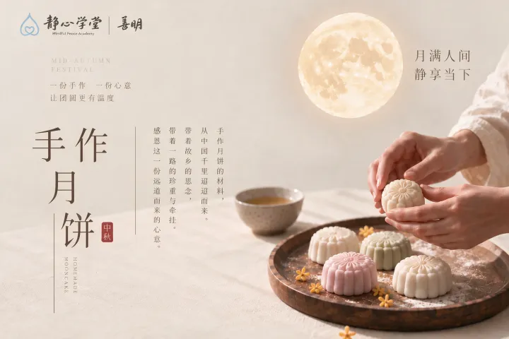 Hands holding a homemade mooncake above a wooden plate with several mooncakes and a tea cup, with a full moon in the background