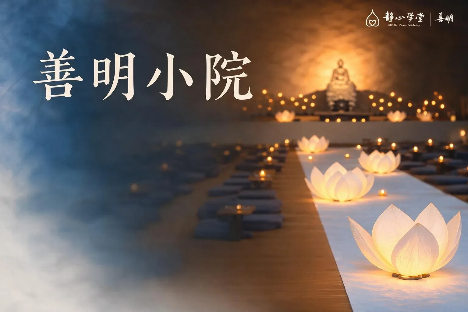 Event schedule poster for善明小院displaying October mindfulness activities including breathing practice, meditation tea gathering, and seated meditation, with lotus lanterns in backgro