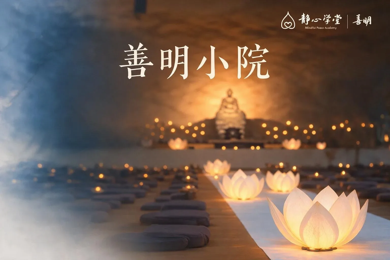 Event schedule poster for善明小院featuring illuminated lotus lamps and a meditation figure silhouette against a warm backdrop