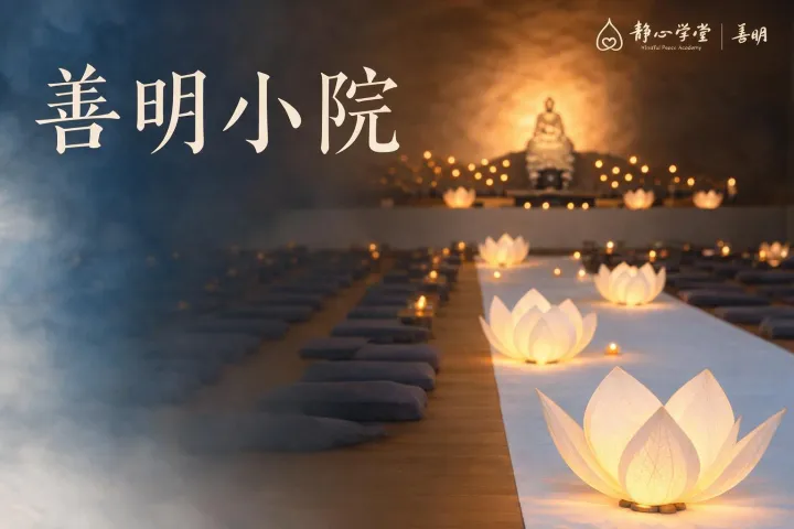 善明小院活动安排海报,展示十月份正念冥想、禅茶、盘坐等课程时间表,背景为莲花灯光和佛像