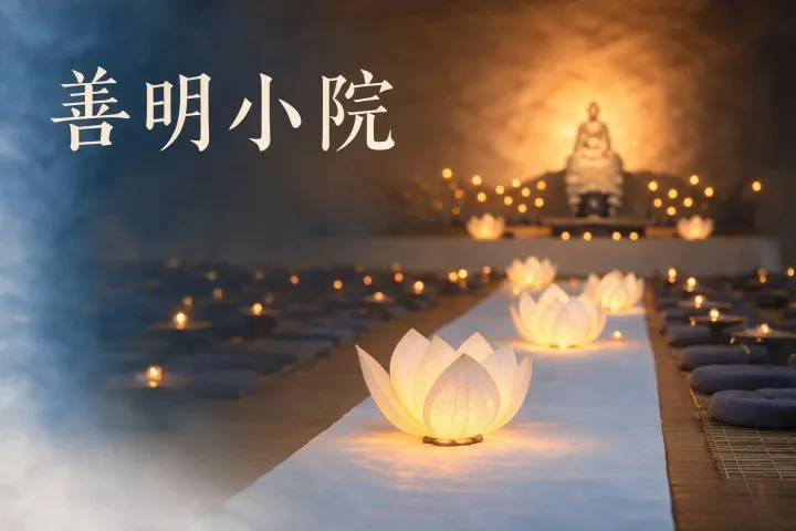 善明小院活动安排海报,背景为点燃的莲花灯和佛像,展示十月份正念呼吸、禅茶、盘坐等活动的时间表