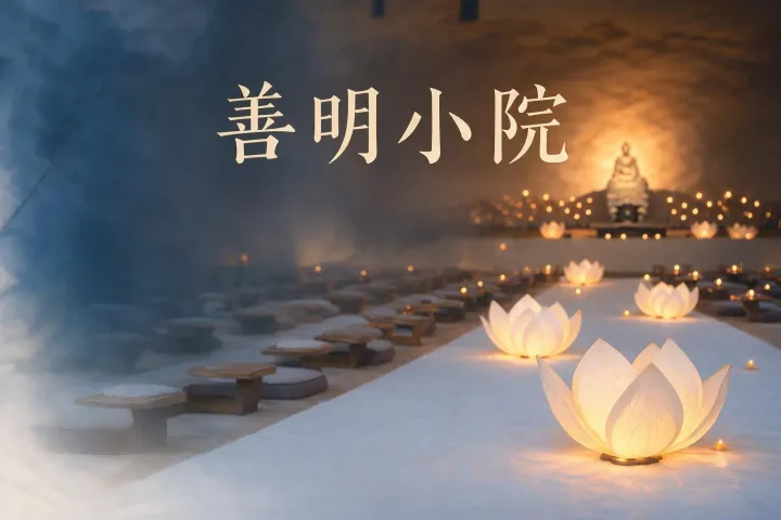 善明小院活动安排海报,背景为佛像和莲花灯光装饰