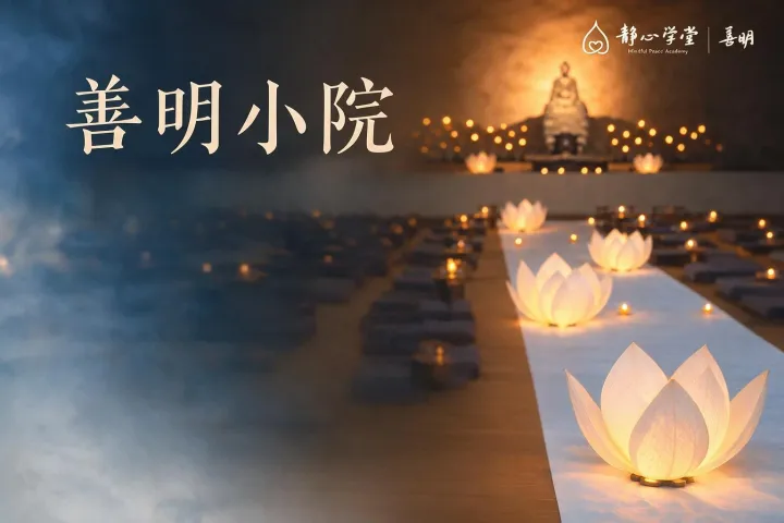 善明小院活动安排海报,展示烛光照亮的莲花灯装饰和多日期的冥想、禅茶等活动日程