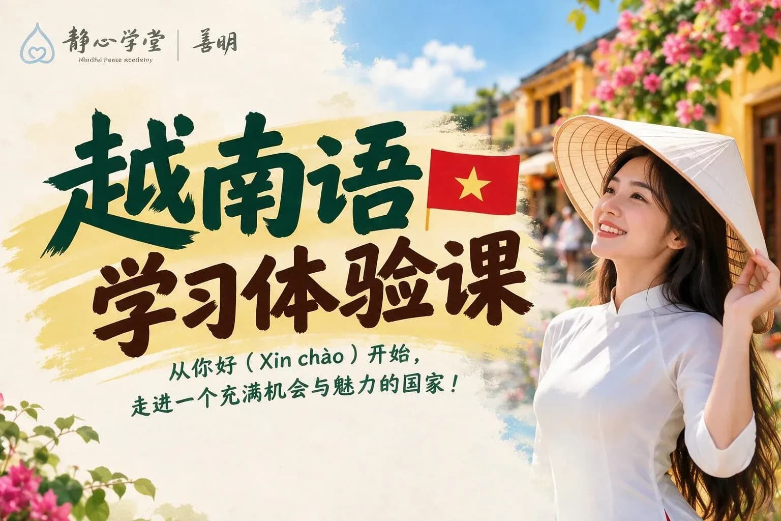 Woman wearing traditional Vietnamese áo dài smiling in front of yellow colonial architecture, promoting Vietnamese language learning experience